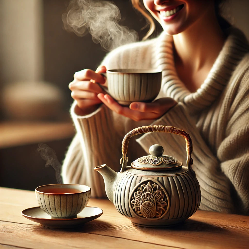 Personne souriante dégustant une tasse de thé avec une théière élégante en céramique, dans un environnement chaleureux et apaisant.