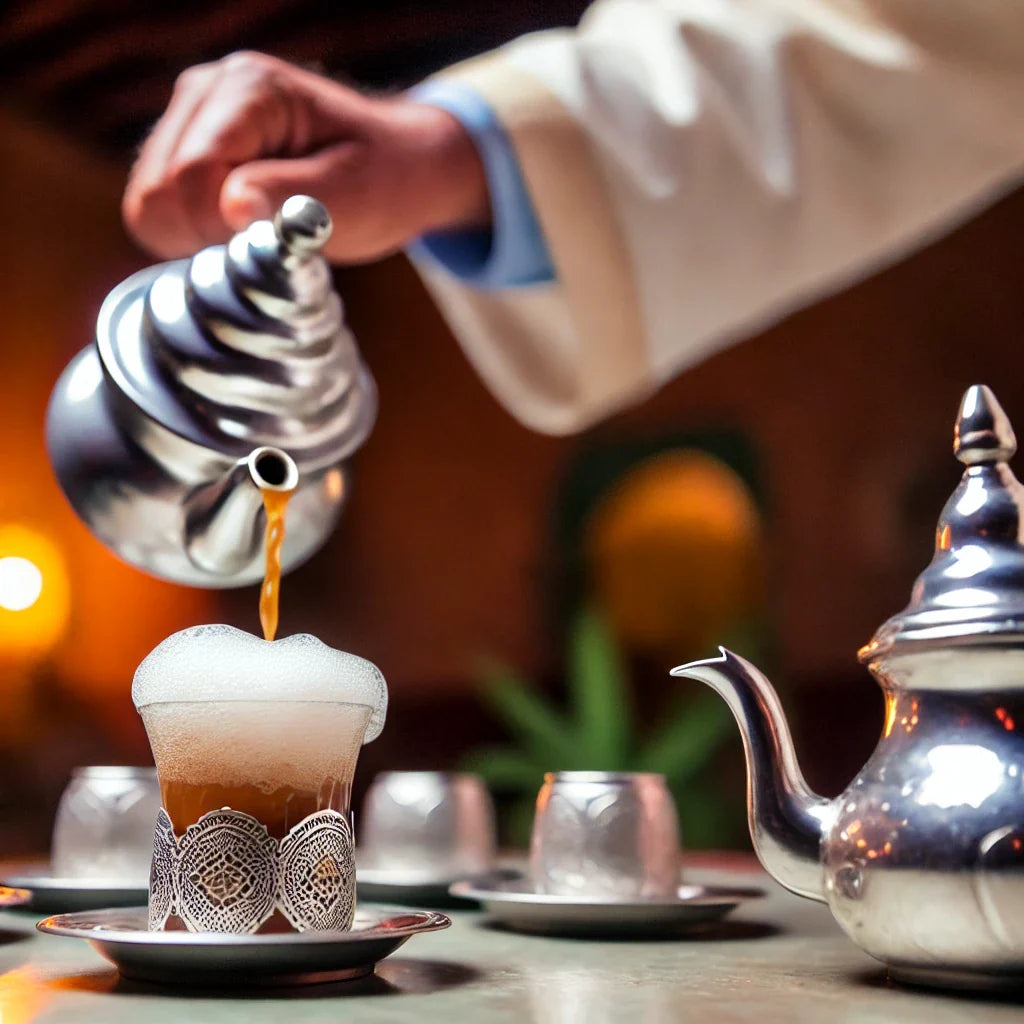 Un hôte marocain versant du thé à la menthe avec mousse dans de petits verres en verre décoré."