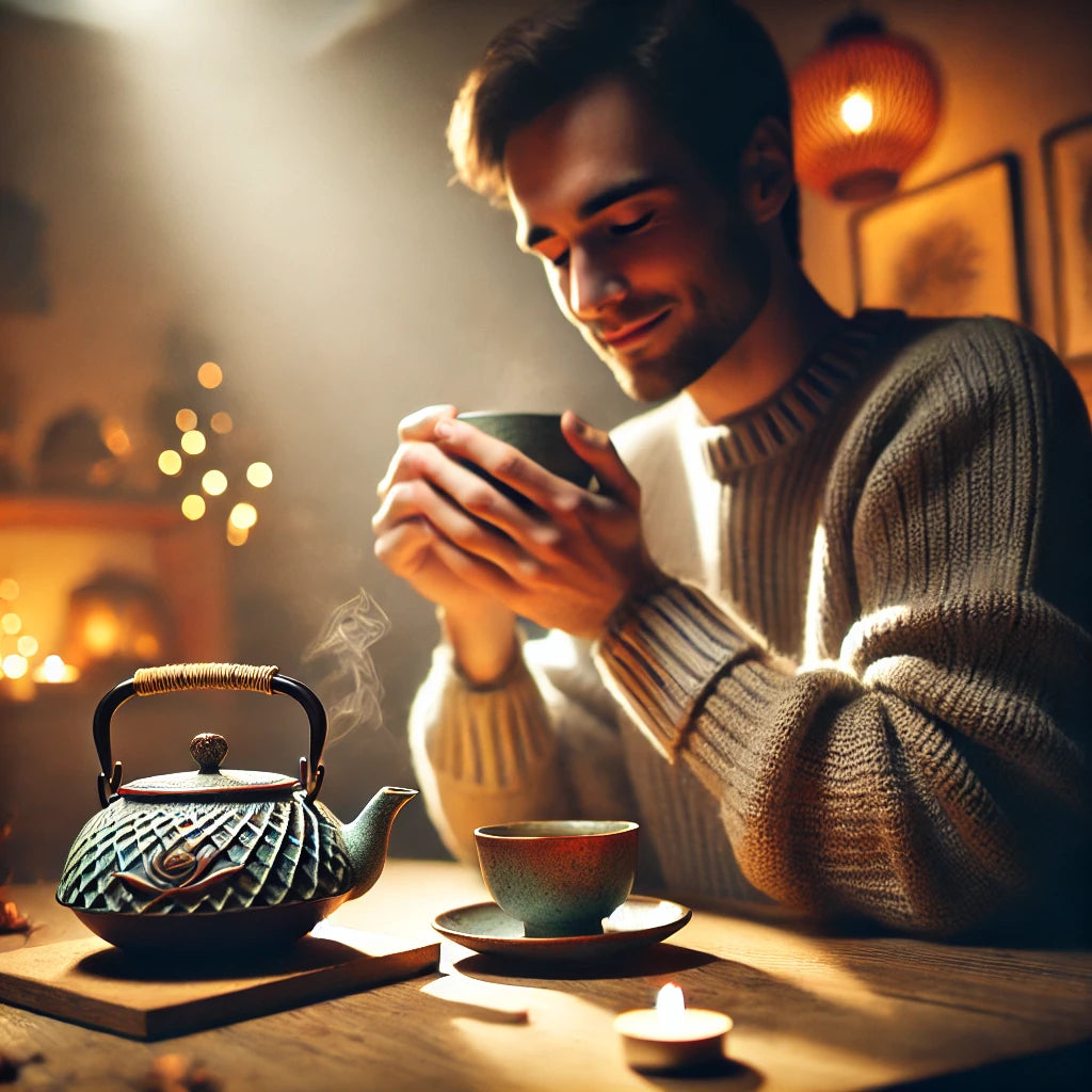 Une tasse de thé en train d’être dégustée par un amateur passionné, avec une théière artisanale en arrière-plan.