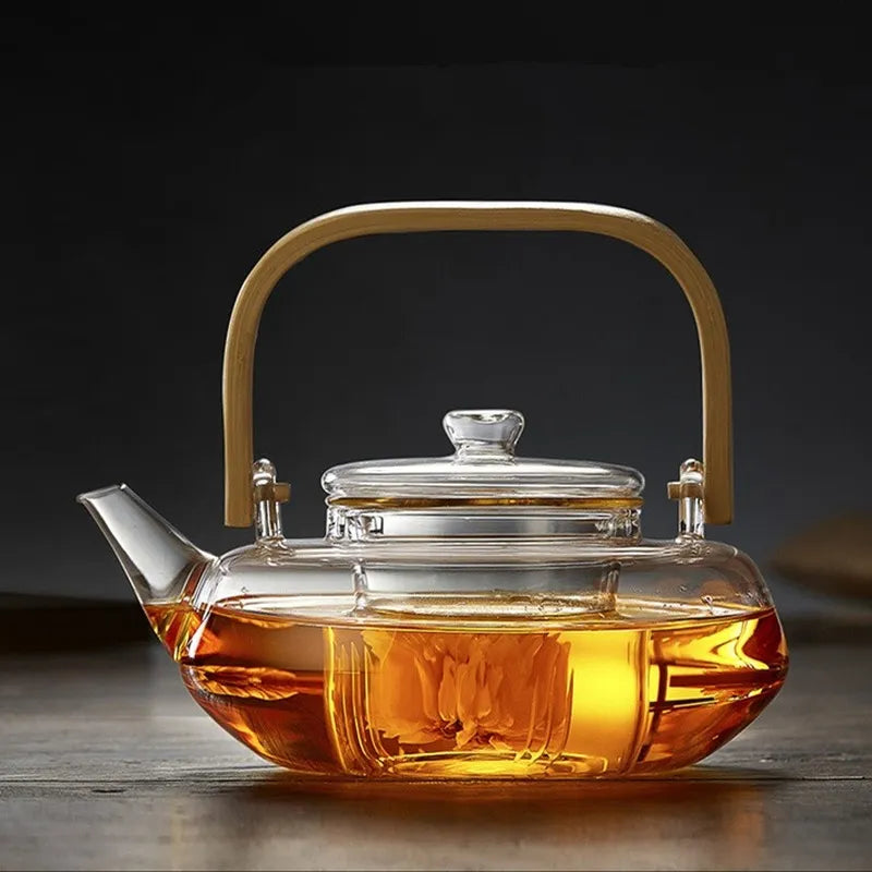 Service à thé en verre à poignée en bambou épaissi bouillant borosilicate résistant à la chaleur