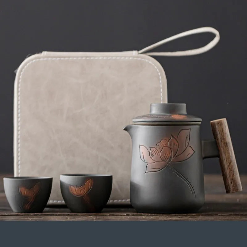 Ensemble thé portable en poterie violette rétro
