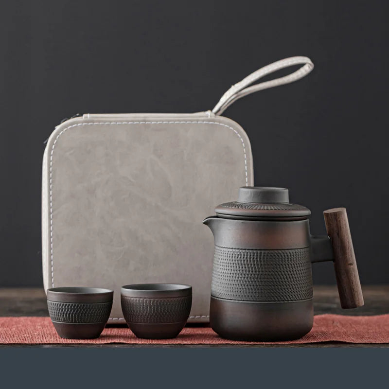 Ensemble thé portable en poterie violette rétro